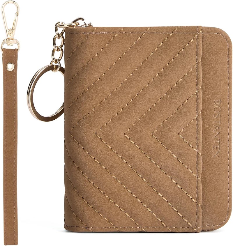 Bostanten Credit Card Holder Wallet RFID Blocking Leather Small Wallet for Women Zipper Keychain Wallet with Wristlet Suede Brown - Image 1